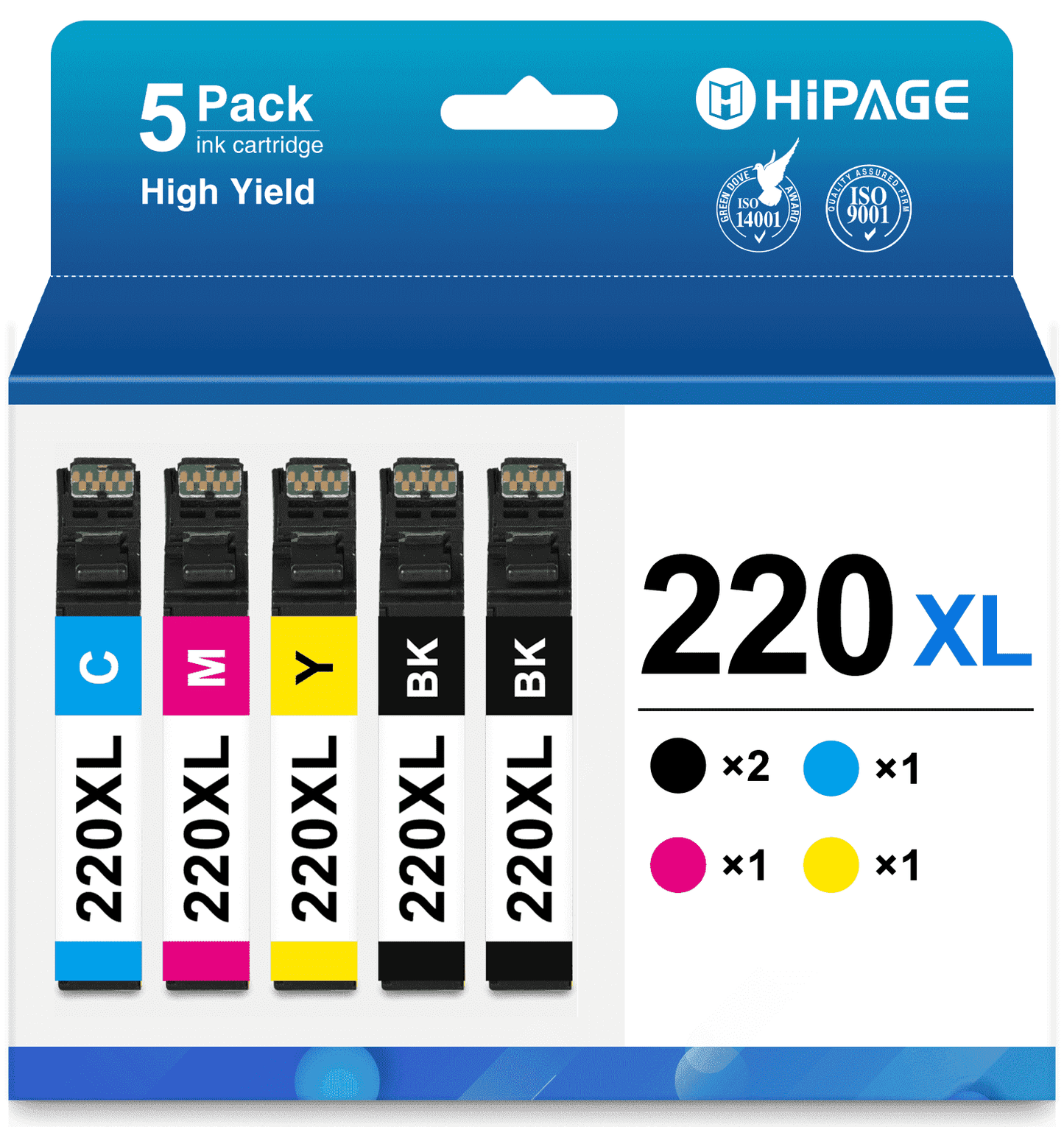 220XL Ink Cartridge for Epson 220 Ink for Epson Ink 220 for WF-2750 WF-2650 Printer (Black Cyan Magenta Yellow, 5-Pack)