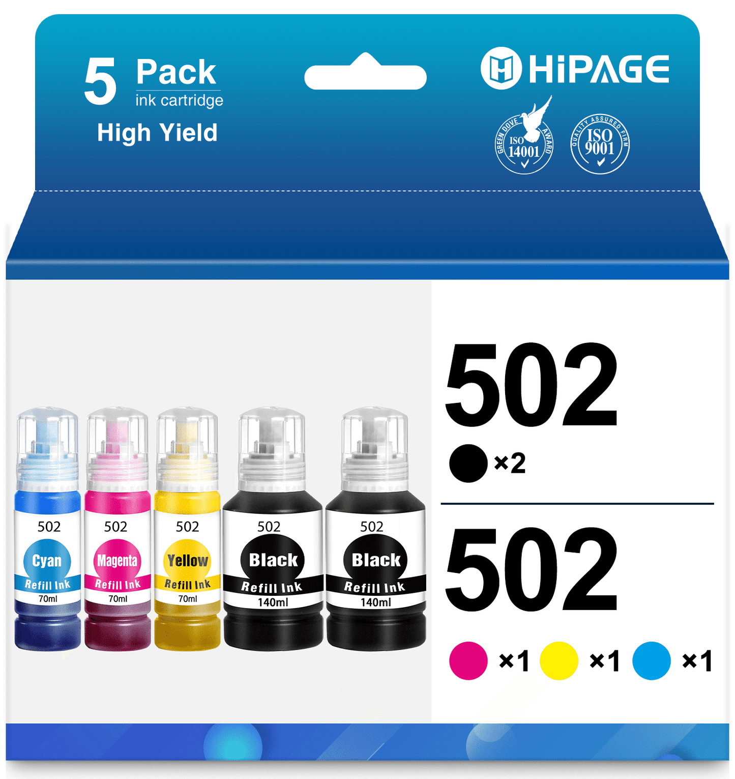 502 Ink for Epson 502 Ink Bottles for Epson 502 Ink (Black Cyan Magenta Yellow, 5 Pack)