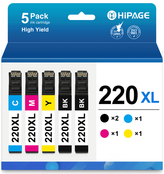 220XL Ink Cartridge for Epson 220 Ink for Epson Ink 220 for WF-2750 WF-2650 Printer (Black Cyan Magenta Yellow, 5-Pack)