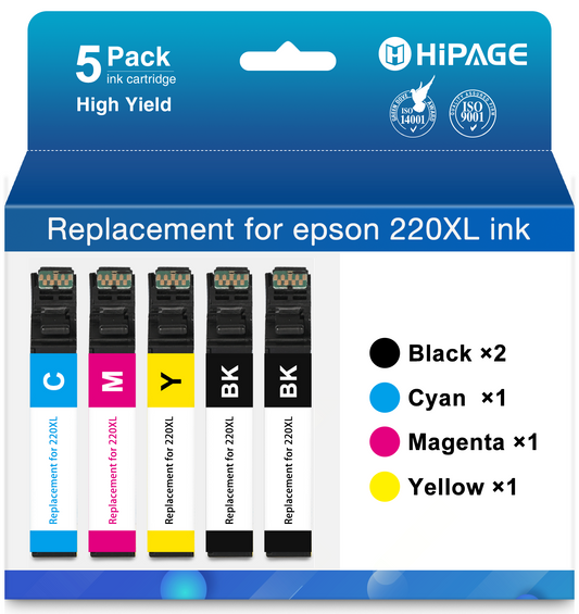 220XL Ink Cartridge for Epson 220 Ink for Epson Ink 220 for WF-2750 WF-2650 Printer (Black Cyan Magenta Yellow, 5-Pack)