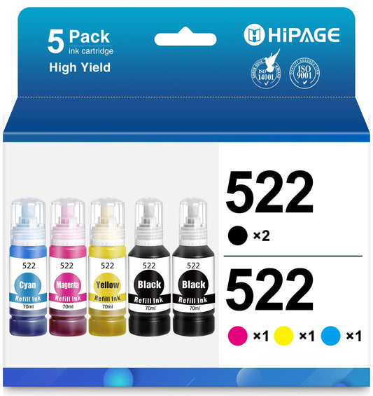 522 Ink Bottles for Epson 522 Ink Bottles for Epson 522 Ink Refill Bottles for Epson EcoTank ET-2720 ET-2800 ET-2840 ET-4700 ET-4800 ET-4810 Printer (2 Black Cyan Magenta Yellow, 5 Pack)