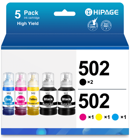 502 Ink for Epson 502 Ink Bottles for Epson 502 Ink (Black Cyan Magenta Yellow, 5 Pack)